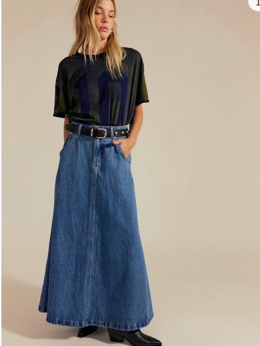 We The Free Sidney Denim Circle Maxi Skirt by Free People 26 NWT
